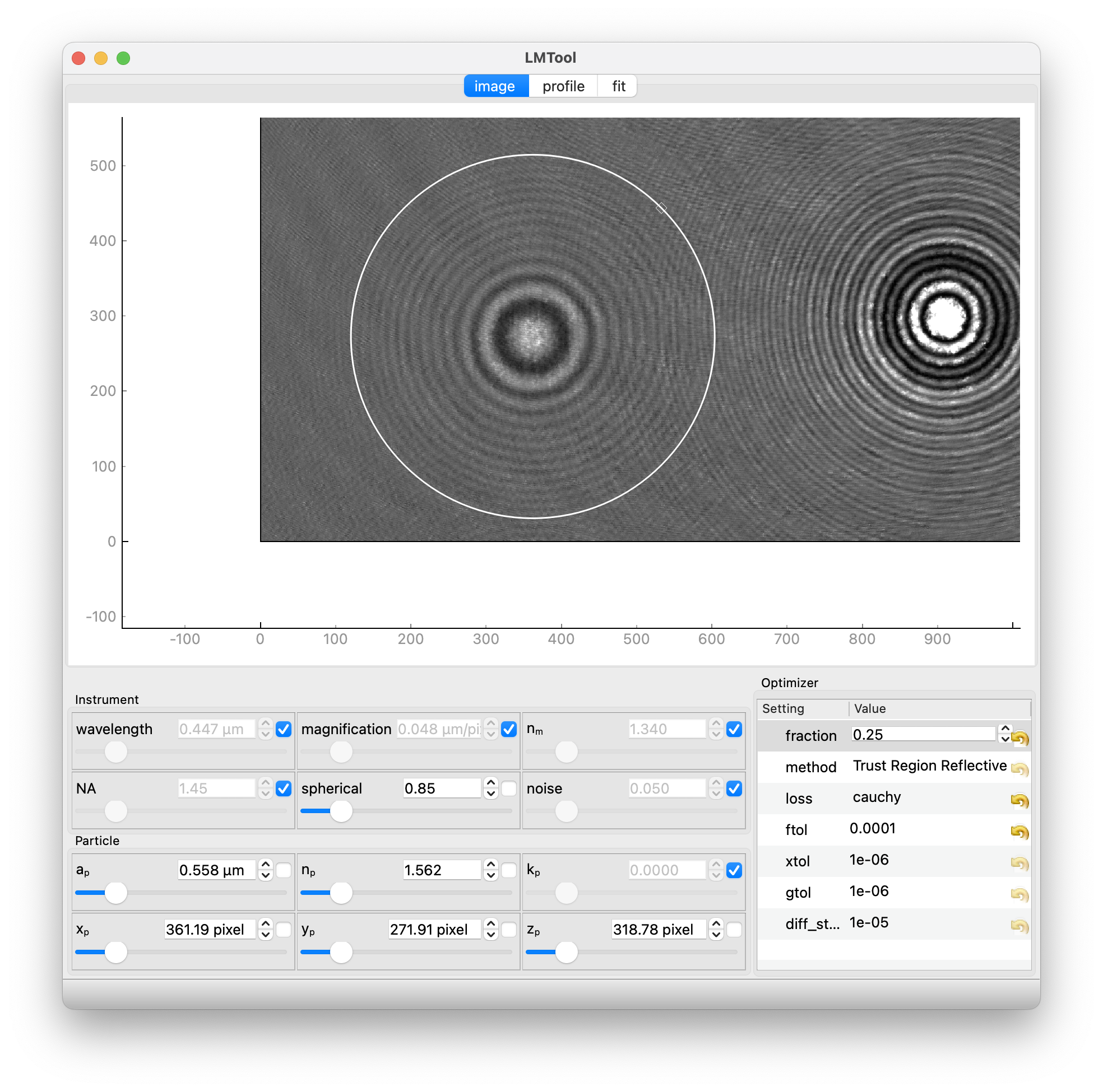 Image tab showing a hologram with a circular ROI